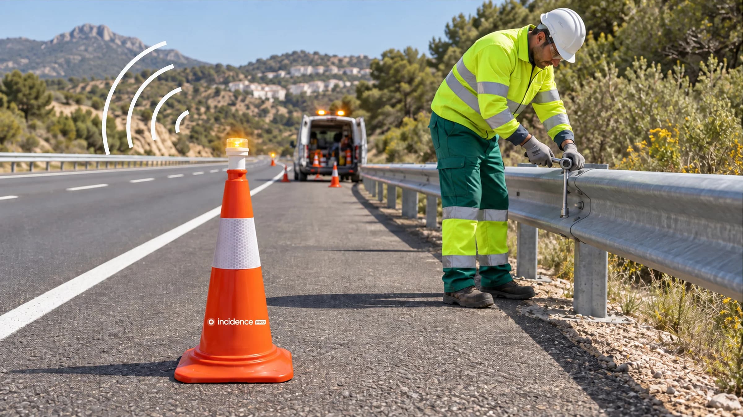 Operario trabajando junto a un cono conectado en el arcén de una carretera