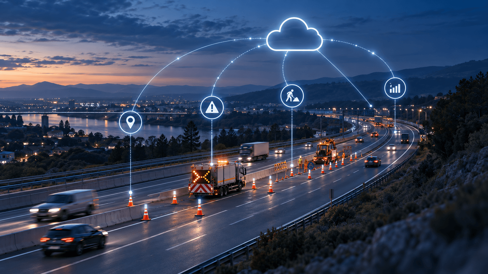 Operación de señalización en una carretera al atardecer con conos conectados y comunicaciones digitales