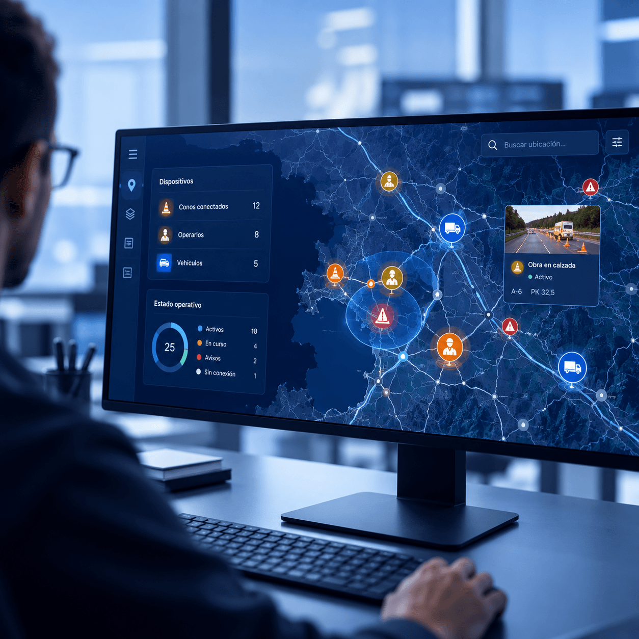 Supervisión de una operación vial desde un puesto de control con un mapa de dispositivos, operarios y vehículos